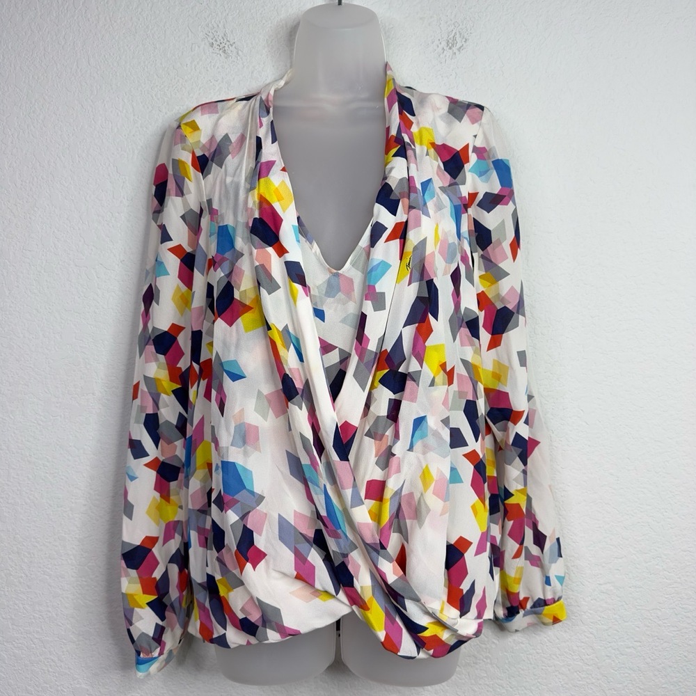 Trina Turk‎ Shirt Womens L Colorful Silk Geometric Artsy Draped Career Luxury